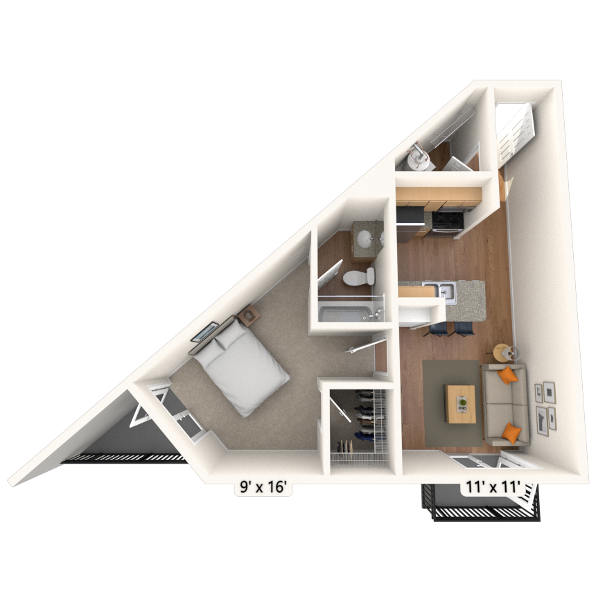 Floor plan for 1 bed, 1 bath, 810 sqft
